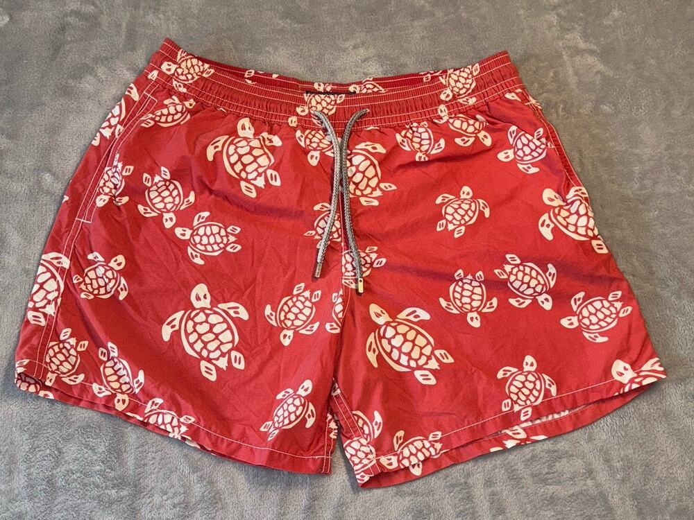 Sz L Vilebrequin Moorea Red Sea Turtle Print Swim Trunks Shorts Board Surf AOP